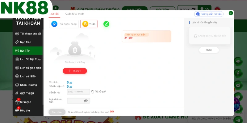 Kênh rút tiền NK88 qua thẻ ghi nợ quốc tế thuận tiện